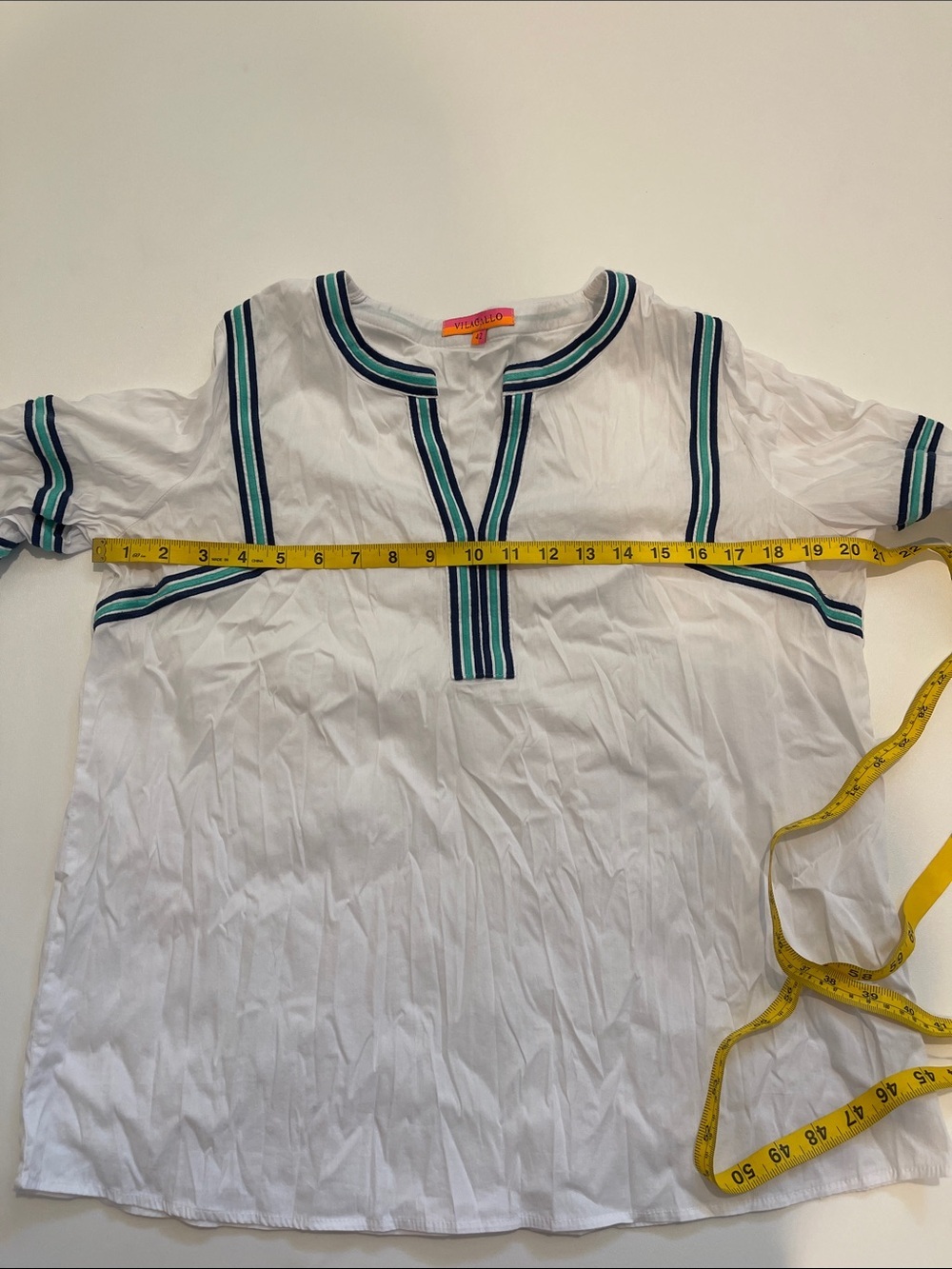 Vilagallo White Top with Teal and Navy Stripe Trim - Picture 3 of 7